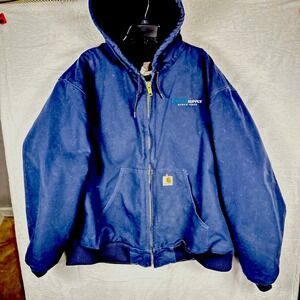 Carhartt Jacket Mens 2XL Navy Blue Hooded Quilted Lined Duck Outdoor Workwear